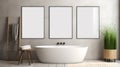 Minimalistic Bathroom Wall Mock-up With Three Empty Frames Royalty Free Stock Photo