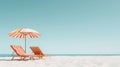 Minimalistic beach tourist landscape banner with positive vacation vibe. striped orange sun loungers invite tourists to relax on Royalty Free Stock Photo