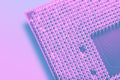 Minimalistic bitmap illustration with a close-up of a microprocessor in soft focus in blue and pink