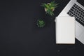 Minimalistic black background with laptop, notepad and office plants, top view. Royalty Free Stock Photo
