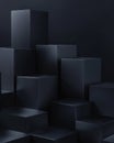 Minimalistic black cube boxes in a dark room showcasing geometric abstraction