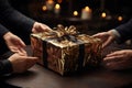 A minimalistic black room with friends exchanging beautifully wrapped gold presents, capturing the joy of gift-giving during the