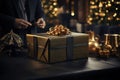 A minimalistic black room with friends exchanging beautifully wrapped gold presents, capturing the joy of gift-giving during the