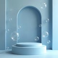 Minimalistic blue podium with bubbles. Modern clean stage for product presentation. Empty platform with pastel background and Royalty Free Stock Photo