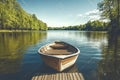 Minimalistic boat on calm lake amidst tranquil forest at sunset Royalty Free Stock Photo