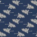 Minimalistic botanic seamless pattrn with branch silhouetes. Grey floral shapes on navy blue background Royalty Free Stock Photo