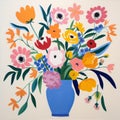 Minimalistic Bouquet: A Blue Vase Filled With Flowers In The Style Of Henri Matisse Royalty Free Stock Photo
