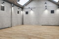 Minimalistic brick warehouse interior with wooden floor