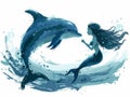 Minimalistic Cartoon Style: Mermaid and Dolphin Racing in the Deep Blue Sea AI Generated