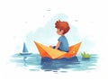 Minimalistic Cartoon Style: Young Boy Sailing on Paper Boat in Puddle AI Generated