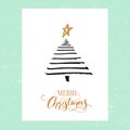 Minimalistic Christmas greeting card design. Simple hand drawn spruce tree and calligraphy text Merry Christmas. Black