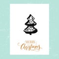 Minimalistic Christmas greeting card with hand drawn Christmas tree. Vector design template with calligraphy type.