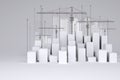 Minimalistic city of white cubes with wire-frame