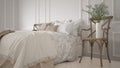 Minimalistic classic bedroom, white interior design Royalty Free Stock Photo