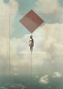 Minimalistic collage of an angel in the sky collage and abstract red object above. Clouds and water in the frame, Style