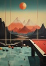 Minimalistic collage of bar with swimming pool and billard with mountaits and red planet in the background. Surreal