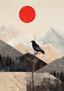 Minimalistic collage of a bird on the tree andmountains at the background. Dark trees and red sun at the background Royalty Free Stock Photo