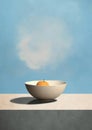 Minimalistic collage of blue sky with clouds and a white bowl with fruits. Top view and collage-style