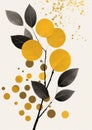 Minimalistic collage of branches with green and yellow leaves on light gray background. Surreal collage-style paintings