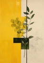 Minimalistic collage of branches of orange tree on neutral gray-yellow background. Surreal collage-style paintings