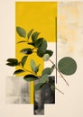 Minimalistic collage of branches of trees, colorful circles on multicolored gray-yellow background. Surreal collage