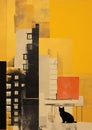 Minimalistic collage of a cityscape, high buildings and black cat on mustard color background. Surreal collage-style