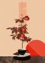 Minimalistic collage of coffee in autumn. A cup of coffee on the table and a tree with plants and red circle in the