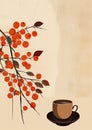Minimalistic collage of coffee in autumn. A retro cup with drink under the tree with red plants with monotone gray