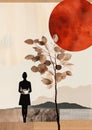Minimalistic collage of coffee in autumn. A woman with cup of coffee under the tree and mountains with red planet in the