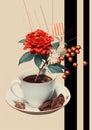 Minimalistic collage of cup of coffee with cake, flowers on the plate and neutral background. Surreal collage-style