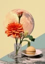 Minimalistic collage of flowers, breakfast planet in the plate and big planet in the background. Surreal collage-style