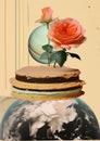Minimalistic collage of flowers, cup of cake with flowers on the top of the planet, orange background. Surreal collage