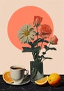 Minimalistic collage of flowers in the in a glass, cup of coffee with oranges and circle in the background. Surreal