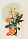 Minimalistic collage of flowers in the in a jar, oranges and circle in the background. Surreal collage-style paintings