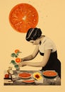 Minimalistic collage of a girl, preparing a pie with tomatoes and solid yellow background. Surreal collage-style