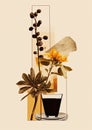 Minimalistic collage of a glass of black coffee and plants around in the yellow neutral background. Surreal collage