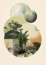Minimalistic collage of green plants and trees in a circle and planets around. Fragmented style