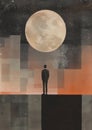 Minimalistic collage of man in black suit at night looking at the sky and the big planet or moon in the universe