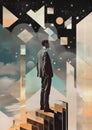 Minimalistic collage of man in black suit at night standing on the stairs and looking at the sky. Framgented