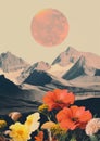 Minimalistic collage of mountain view, flowers big red planet in the sky in the background. Surreal collage-style