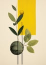 Minimalistic collage of orange tree, yellow suare and dark circles on neutral gray background. Surreal collage-style