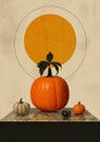 Minimalistic collage of orange, yellow halloween pumpkins on a table and a yellow low sun on it on neutral gray