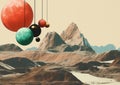 Minimalistic collage of planets in the air, rocky mountains and overcast sky in the background. Surreal collage-style