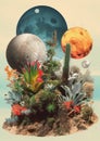 Minimalistic collage of planets, animals, dinozaur and fragmented plants on a peace of ground