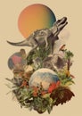 Minimalistic collage of planets, animals, dinozaur and multiple types of plants on a peace of ground. Fragmented style