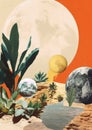 Minimalistic collage of planets, green plants and trees, mountains and river on a sandy ground. Fragmented style