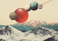 Minimalistic collage of planets in a row, rocky mountains and overcast sky in the background. Surreal collage-style