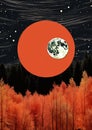 Minimalistic collage of red forest, stars, planets and red sky in the background. Surreal collage-style paintings