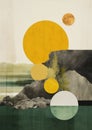 Minimalistic collage of rocks in the ocean, trees, and yellow planets in the background. Surreal collage-style paintings