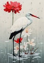 Minimalistic collage of a snow and rain and red flowers and a stork with light background. Surreal collage-style